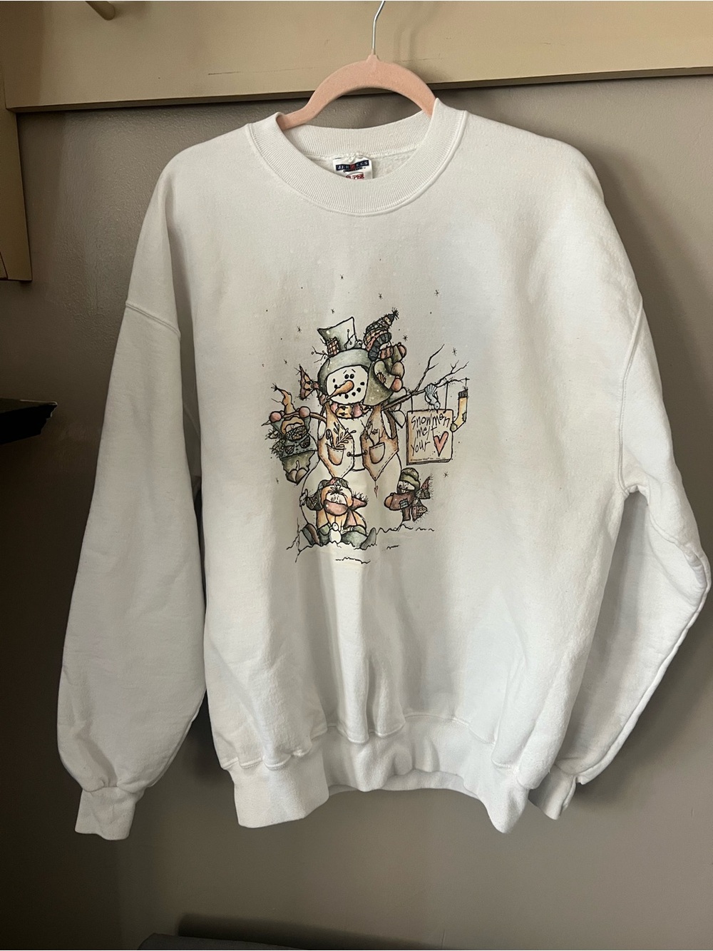 Jerzees White Crewneck Sweater with Festive Snowman Graphic